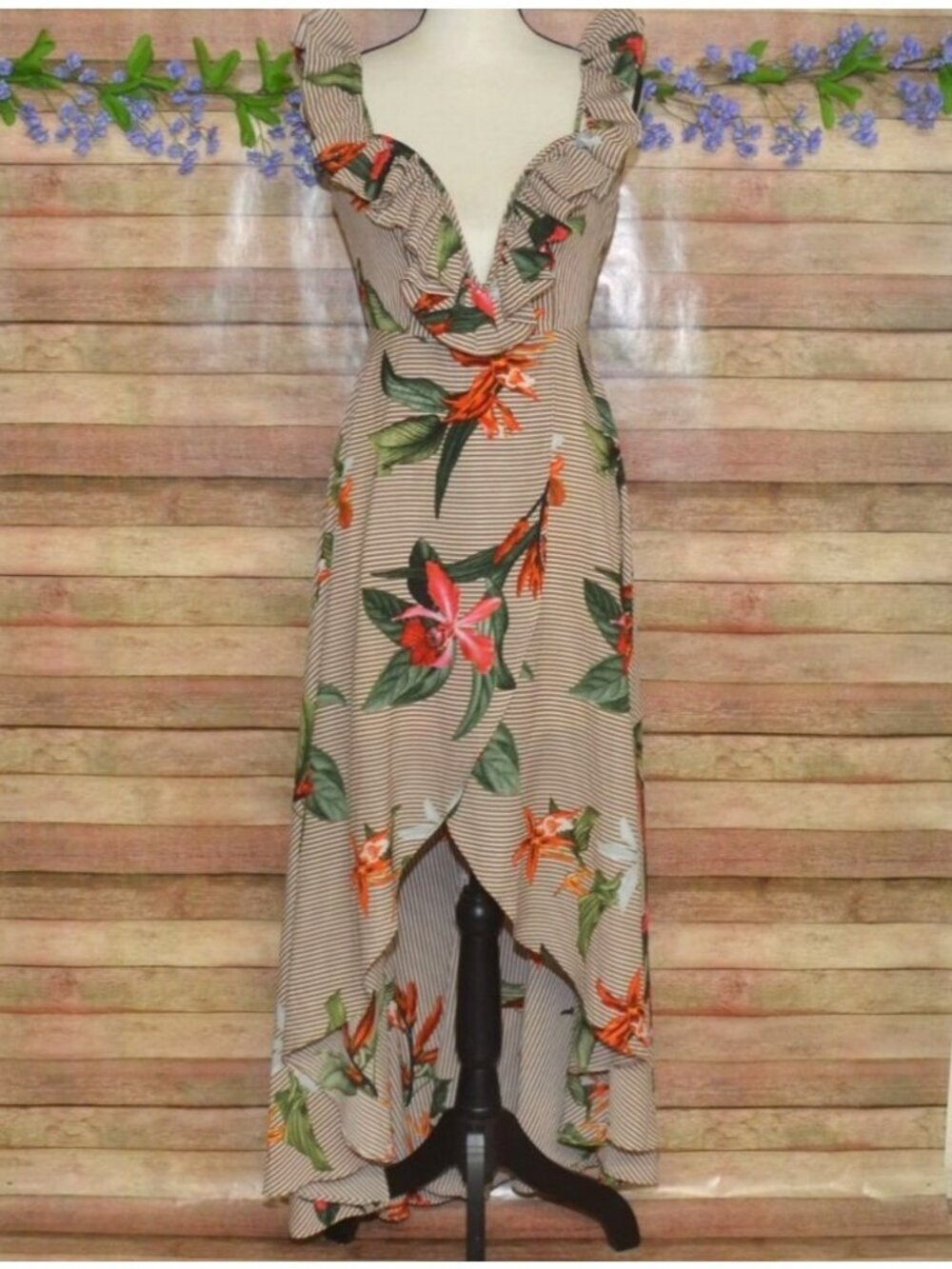 Banjul Size S Tropical Floral Striped High-Low Wrap Maxi Dress Structured Deep V